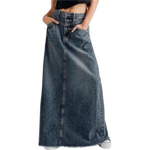 Women Vintage Denim Maxi Skirt Frayed Raw Hem High Waist A-Line Long
